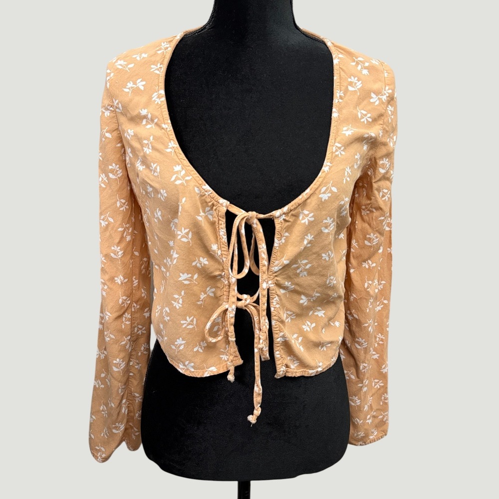 Coquette Floral Front Tie Top Womens Small Orange Cropped Milkmaid Festival Boho